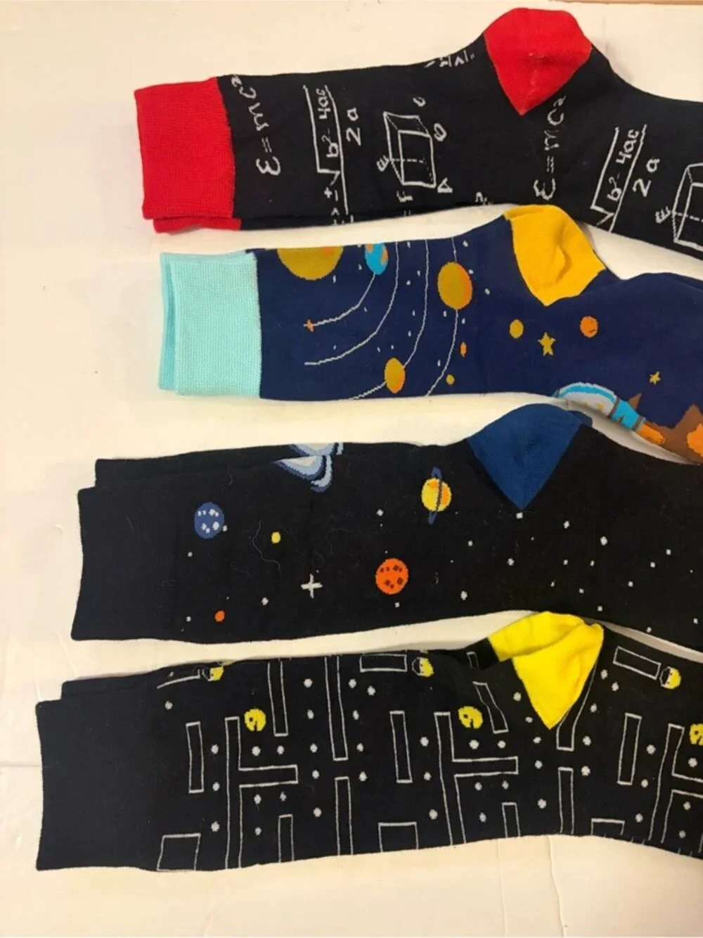 4-Pack Space Science Novelty Crew Socks Bundle Pac-Man Galaxy Math